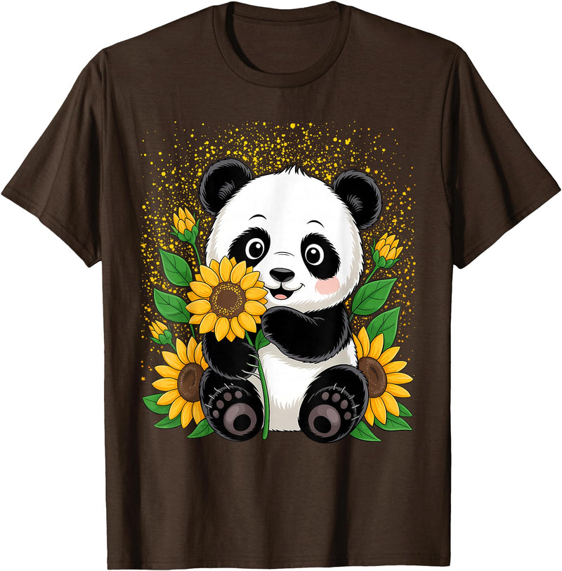 Panda Lover Gift Co. Panda Bear with Sunflowers, Panda Bear T-Shirt - Brown