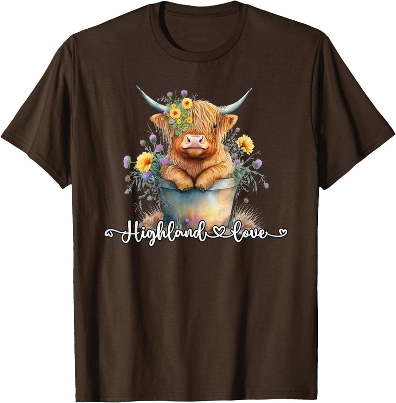 KAEDAM Gifts: Highland Cows Cute Baby Highland Cow Calf Love Spring Pastel Novelty T-Shirt - Brown