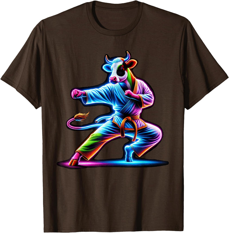 Cow Karate Black Belt Apparel Cow Karate Kick Punch Cute Funny Cool Martial Arts Cow T-Shirt - Brown