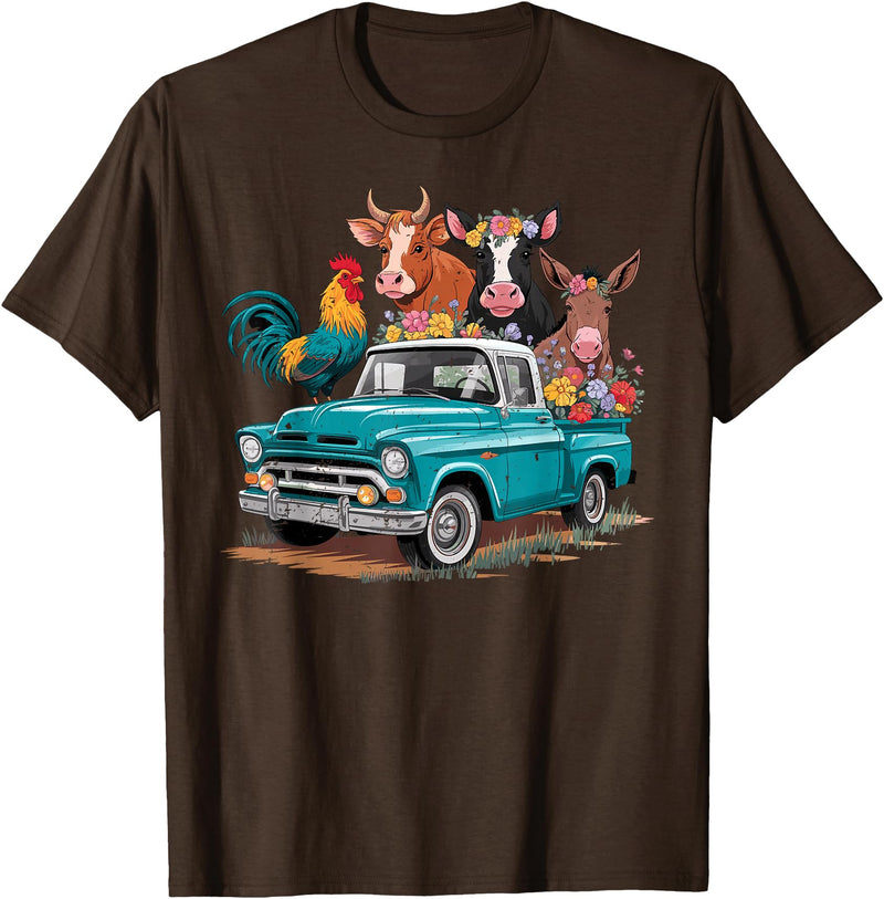 Farm Pickup Truck Farm animals Cow Girl Wife Tee Vintage Pickup Truck Farm Animals Rooster, Cow, Pig, Donkey T-Shirt - Brown