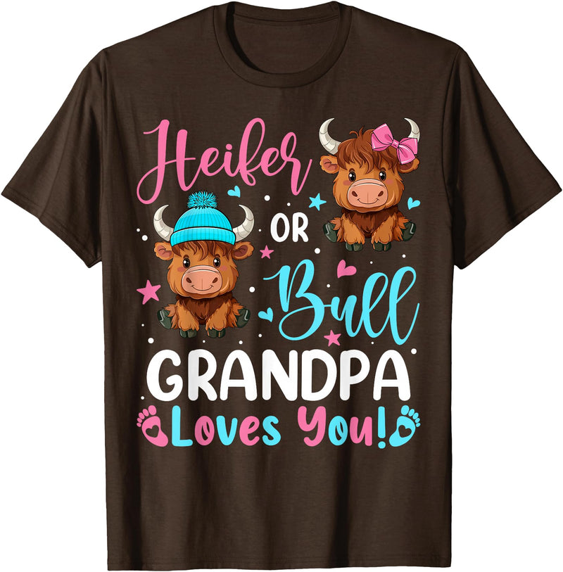 Reveal Party Highland Cow Bull or Heifer Grandpa Loves You Highland Cow Lover T-Shirt - Brown