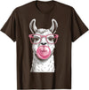 Cute Lama Llama Wearing Glasses Pink Apparel Llama Alpacas Wearing Glasses and Blowing Pink Bubble Gum T-Shirt - Brown