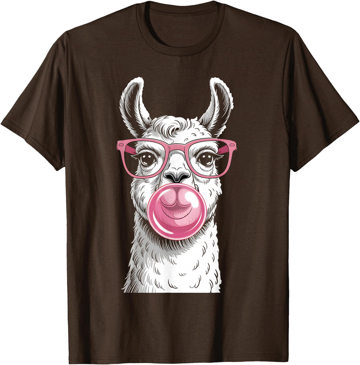 Cute Lama Llama Wearing Glasses Pink Apparel Llama Alpacas Wearing Glasses and Blowing Pink Bubble Gum T-Shirt - Brown