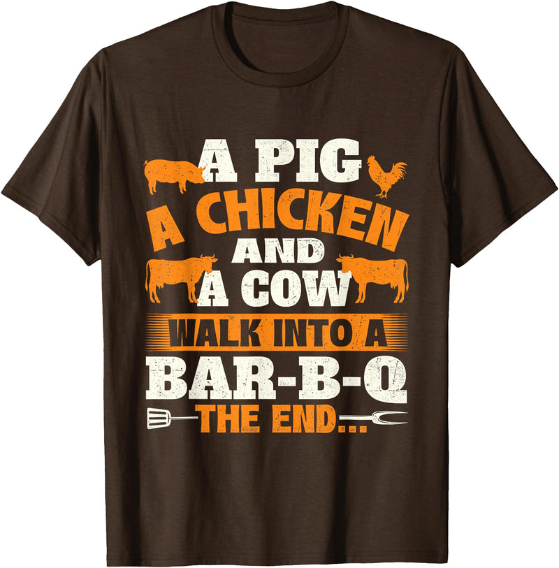 Funny BBQ Shirts A Pig A Chicken And A Cow - Grilling BBQ Lover Barbecue T-Shirt - Brown