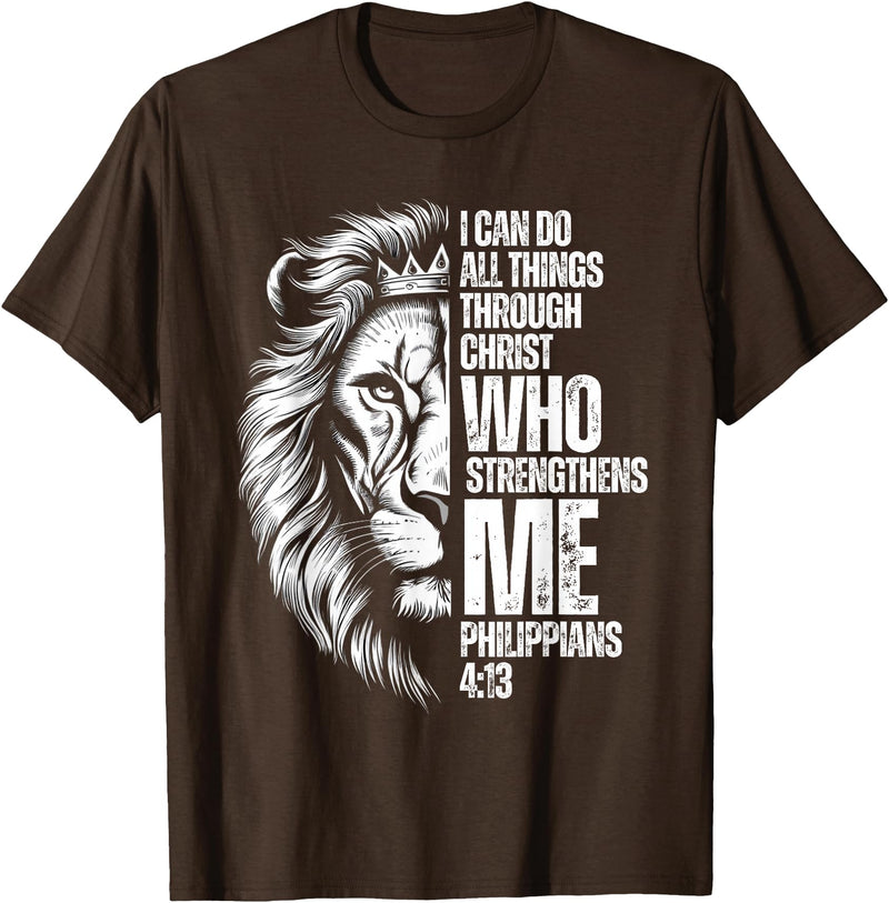 Philippians 4:13 Christian Jesus Lion Father Dad Christian Verse Lion Philippians 4:13 I Can Do All Things T-Shirt - Brown
