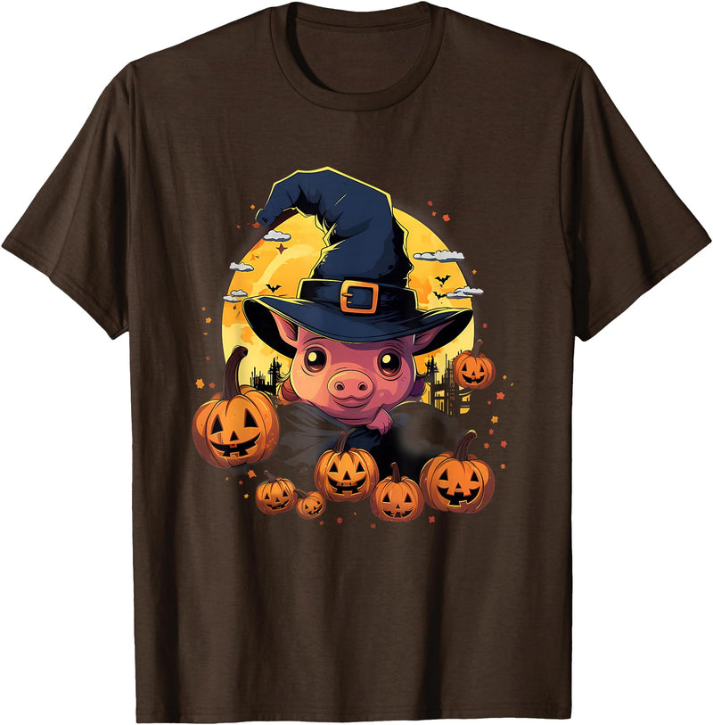 Pig Halloween Costumes Spooky Pig Witch Halloween T-Shirt - Brown