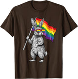 LGBTQ Pride Month Bunny Rainbow Gay Flag LGBT Ally Rabbit T-Shirt in Brown