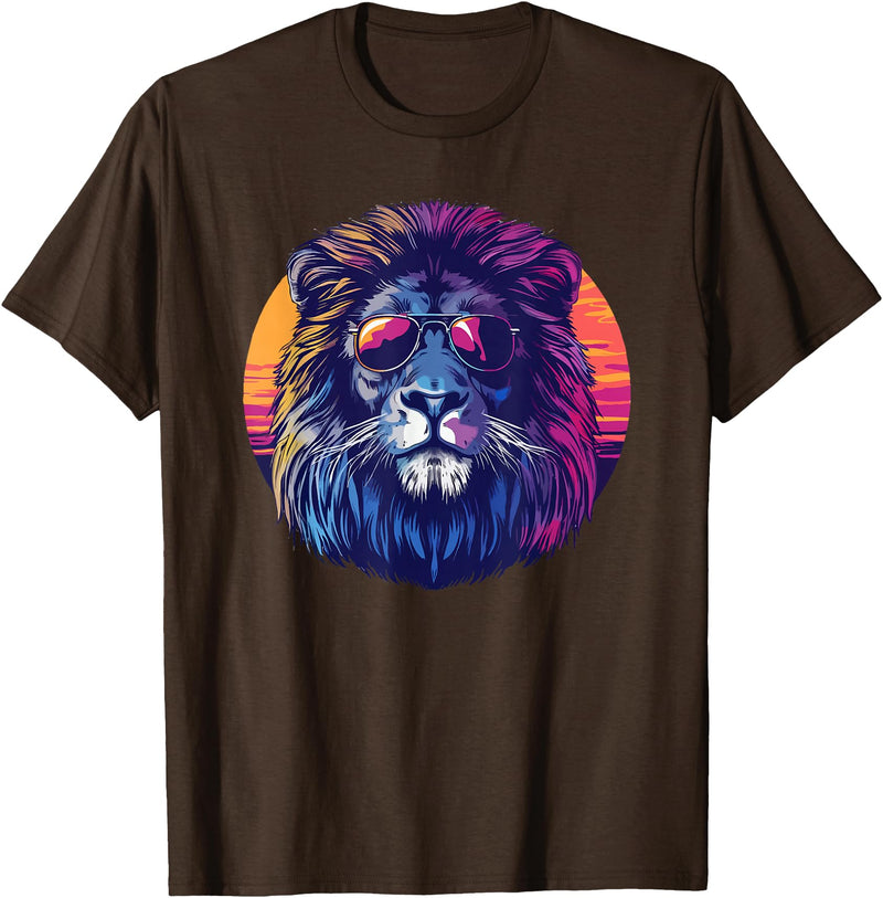 Cool lion gifts Lion gifts for kids Lion gifts men Lion with sunglasses retro sun T-Shirt - Brown