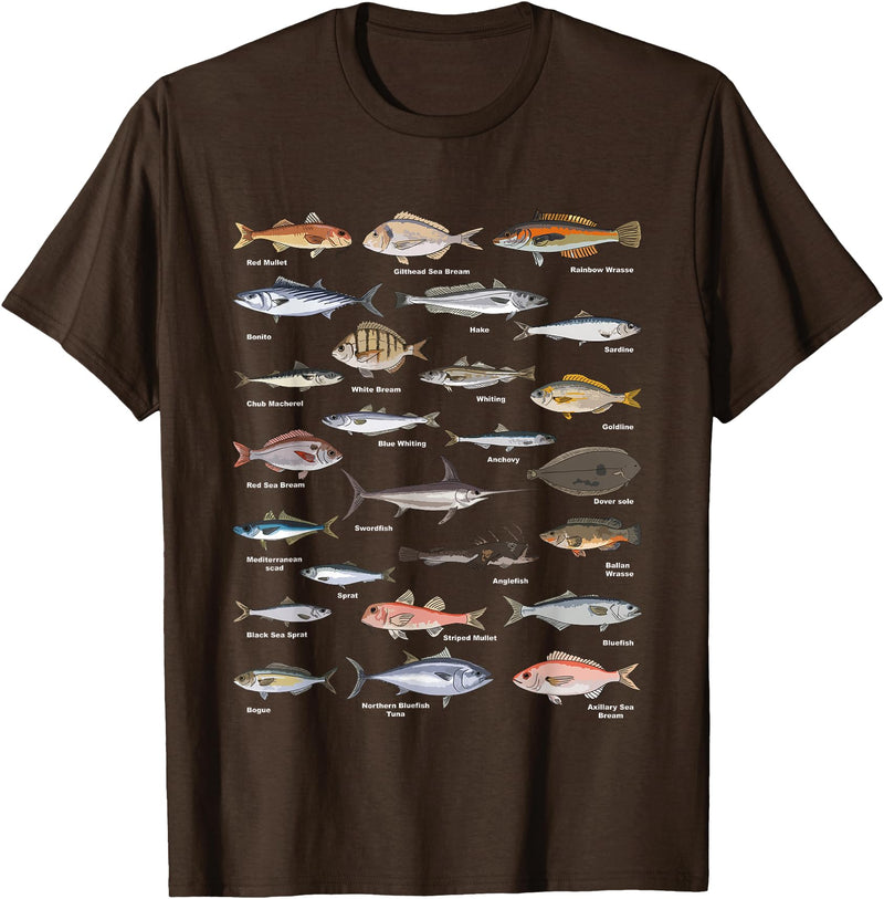 Botanical Chart Apparel Co. Vintage Fish Identification Chart Fishing T-Shirt Small - Brown