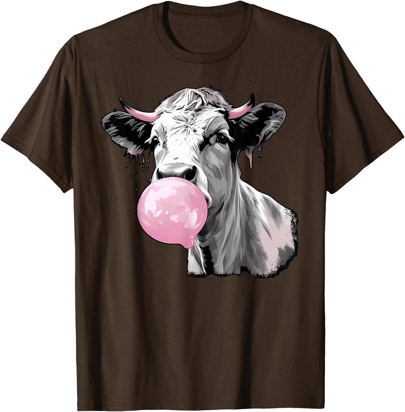 Cow Blowing Bubble Gum Funny Cow Lovers Cow Blowing Bubble Gum Cow Lovers Owners Farmers T-Shirt - Brown