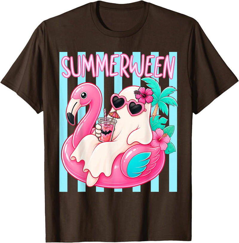 Funny Summerween Ghost Summer Halloween Vacation Summerween Funny Ghost Halloween Summer Floating in Flamingo T-Shirt - Brown