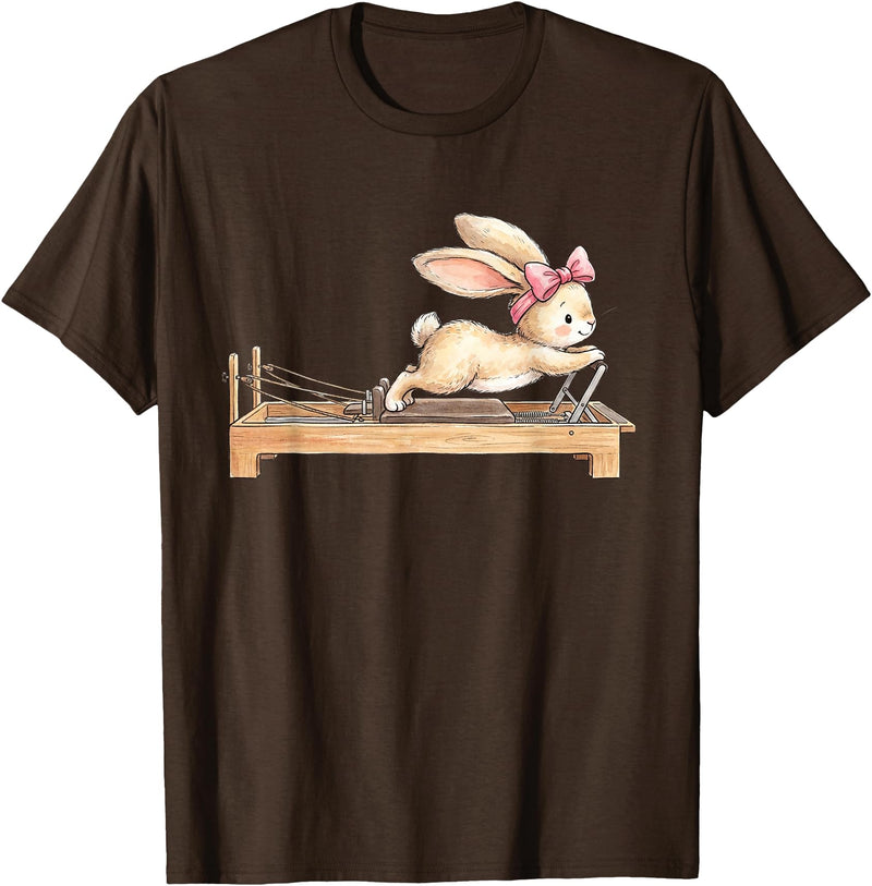 Cute Bunny Doing Pilates Reformer Machine Easter Rabbit T-Shirt in Brown