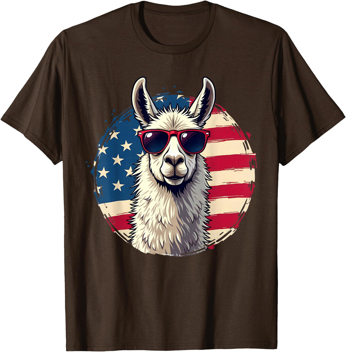 Funny Llama Alpaca Animal Lover Gifts Clothing Llama Alpaca American Flag USA Patriotic T-Shirt - Brown