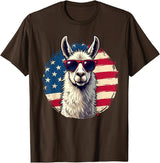 Funny Llama Alpaca Animal Lover Gifts Clothing Llama Alpaca American Flag USA Patriotic T-Shirt - Brown