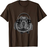 ROSS BOSS Funny Guinea Pig Graphic Tees Guinea Pig Shirt Headphones T-Shirt - Brown
