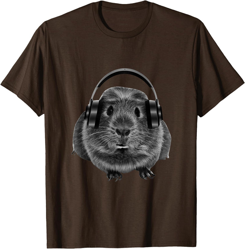 ROSS BOSS Funny Guinea Pig Graphic Tees Guinea Pig Shirt Headphones T-Shirt - Brown