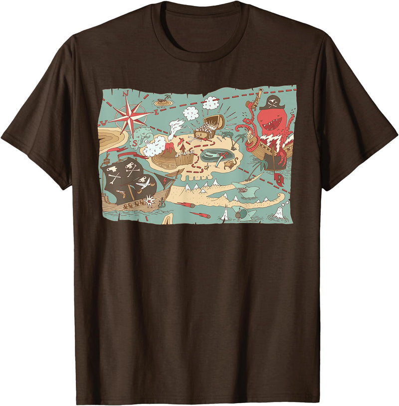 Mel & Bear Treasure Map Ship Sharks Pirates & Skulls Shirt Boys Kids T-Shirt - Brown