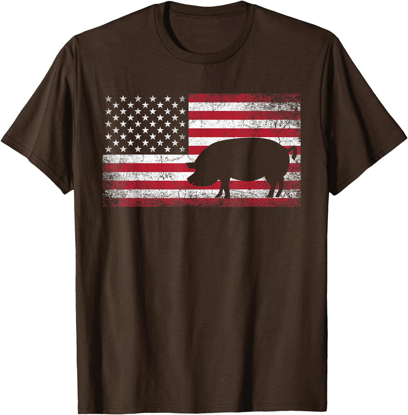 Pig Hog Farm Farmer 4th of July Shirt American Flag America T-Shirt - Brown