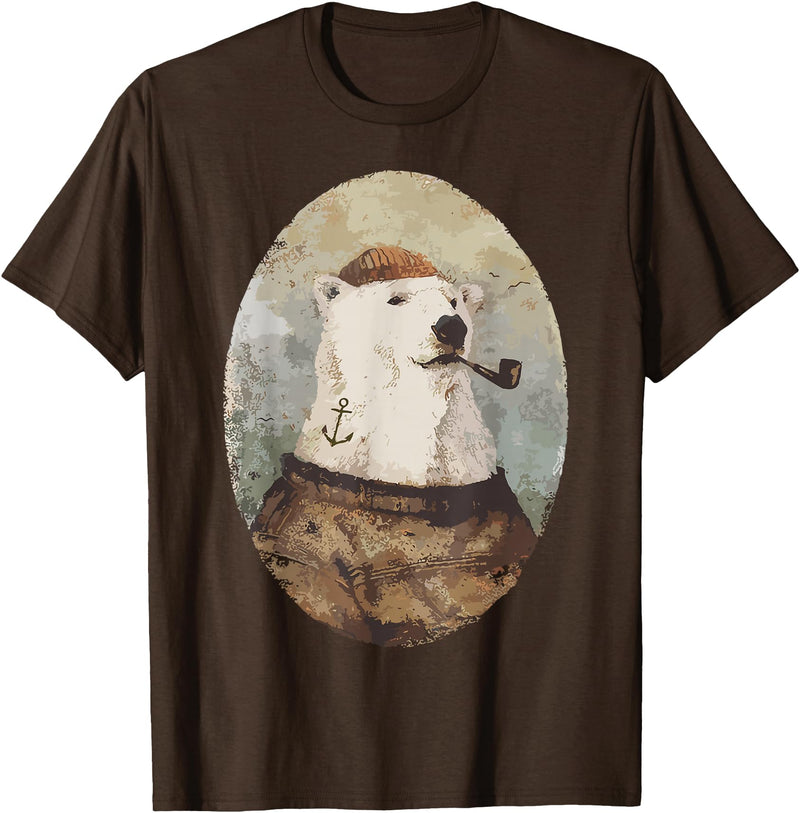 Polar bear Sailor Oil paint Inspired Cool Captain Polar Bear T-Shirt - Brown