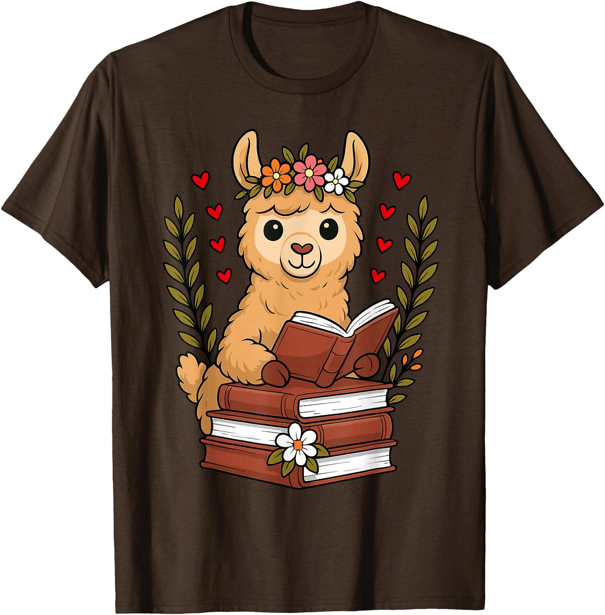 Bookworm Cute Llama Reading Book Llama Reading Book Graphic Llama with Book Floral T-Shirt - Brown