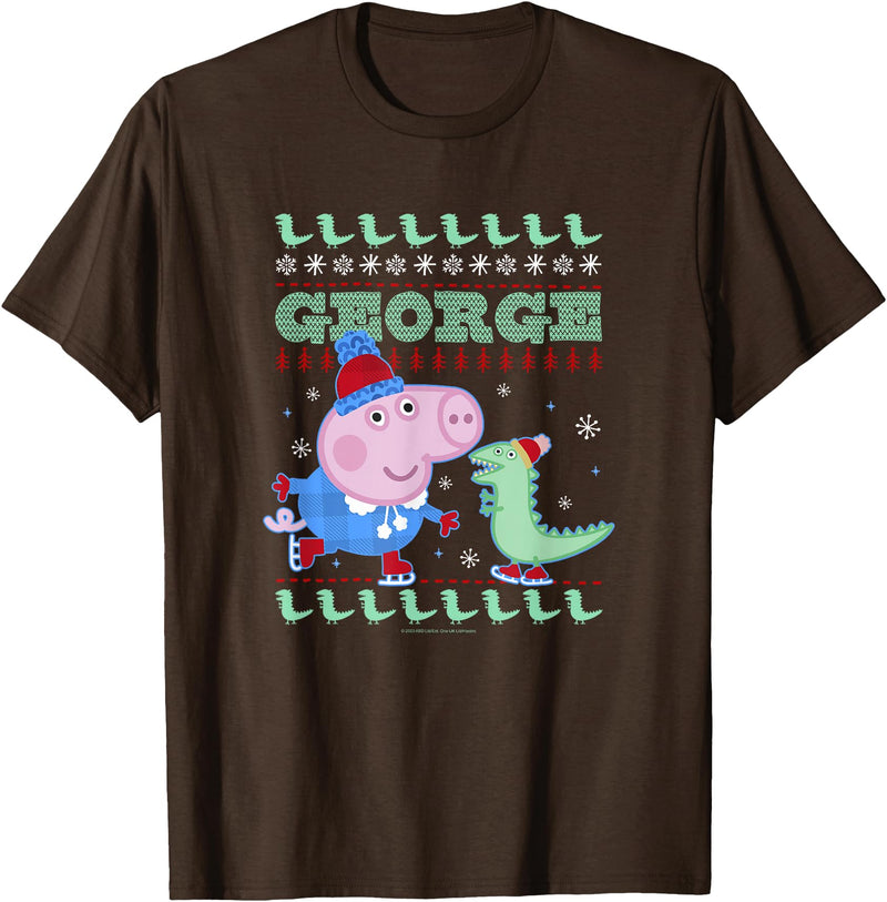 Peppa Pig George Pig Ice Skating Ugly Christmas Sweater T-Shirt - Brown