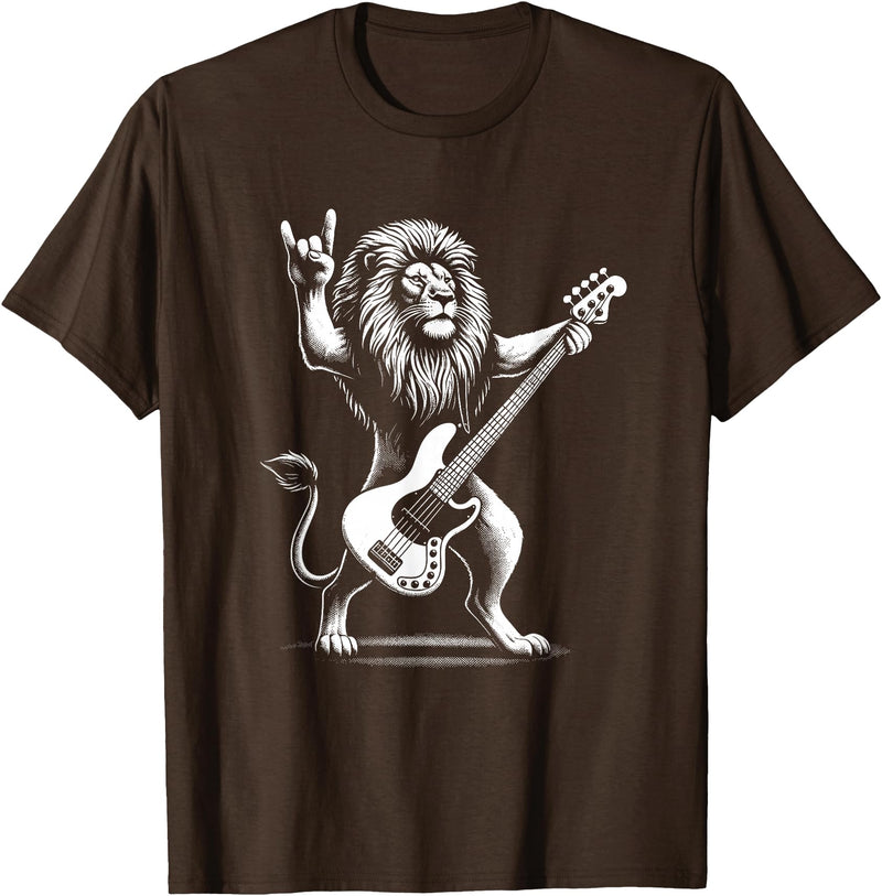 Funny Guitar Lion Lovers Costume for Guitarist Rock n Roll Lion Playing Guitar Funny Men Women Lion T-Shirt - Brown