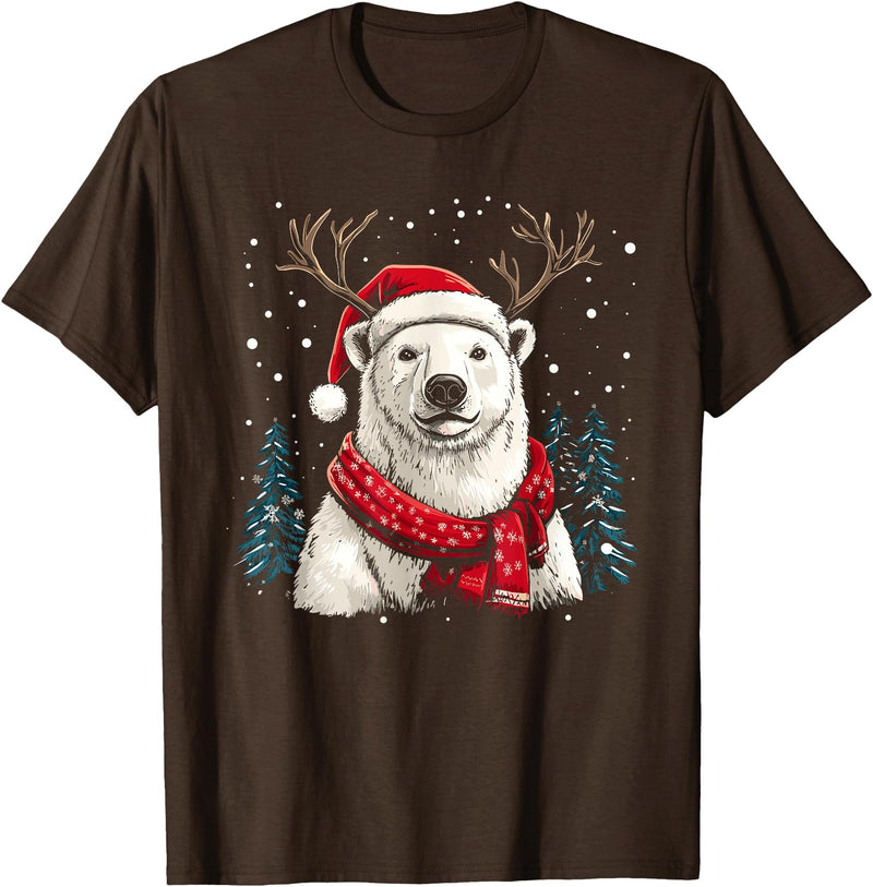 Funny Polar Bear Christmas Santa Hat Outfits Polar Bear Reindeer Santa Hat Christmas Pajama Funny Xmas T-Shirt - Brown