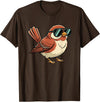 Chipper Feather Co Bird: Sparrow in Sunglasses, Cool Cartoon Avian Attitude T-Shirt - Brown