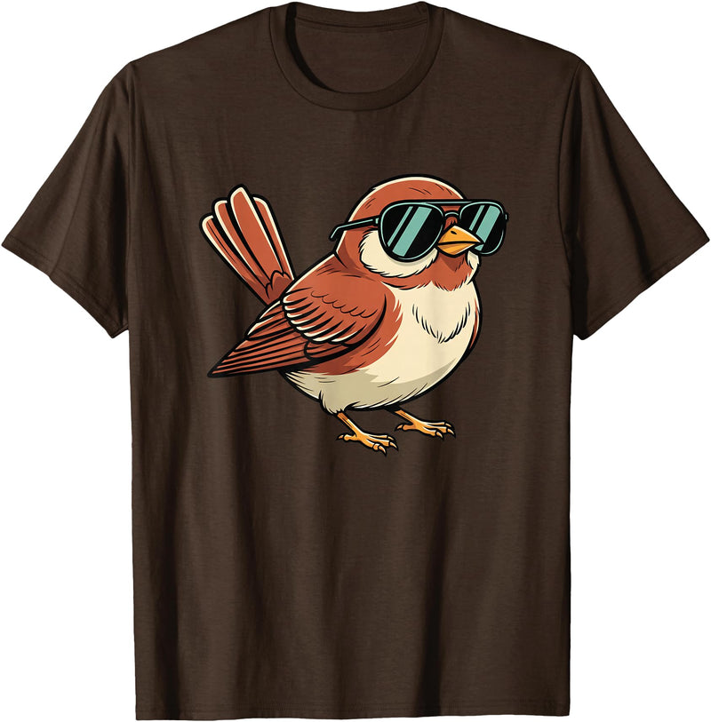 Chipper Feather Co Bird: Sparrow in Sunglasses, Cool Cartoon Avian Attitude T-Shirt - Brown