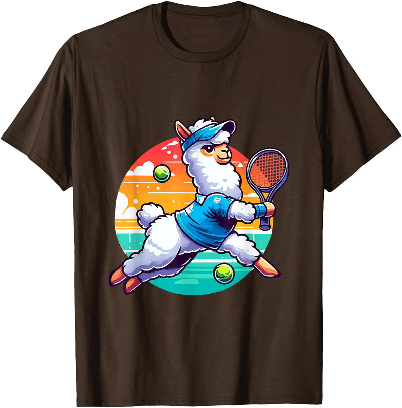 Funny Cute Animals Playing Tennis Apparel Llama Playing Tennis in Front of a Sunset T-Shirt - Brown