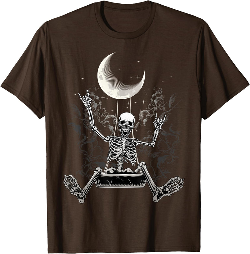 Skeleton Love Halloween Moon Skeleton Rock On Hand Spooky Halloween Rock Concerts T-Shirt - Brown