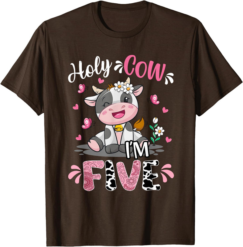 Cow Themed Birthday Party Supplies For Girl 5th Holy Cow I'm Five 5 Years Old 5th Birthday Girl Outfit T-Shirt - Brown