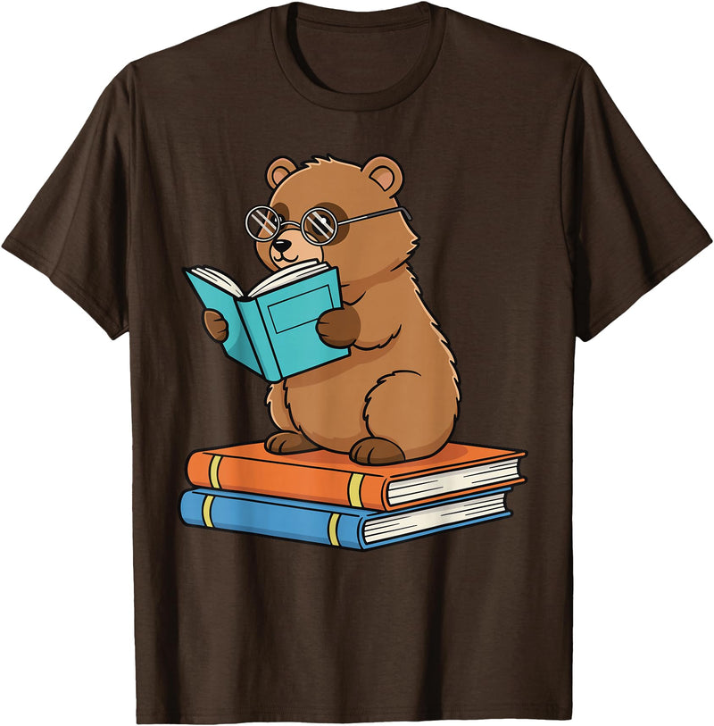 Reading Bear Bookworm Tee Reading Bear Bookworm Cute Bear with Glasses Books T-Shirt - Brown