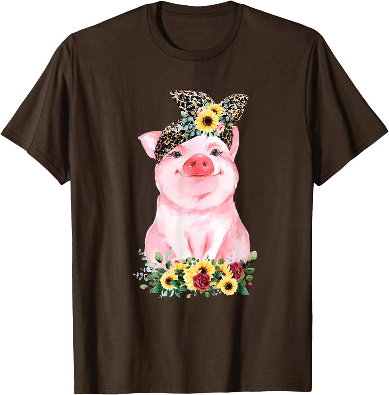 Pig Leopard Headband Flower Tees Pig With Leopard Headband Flower Cute Pig Lover T-Shirt - Brown