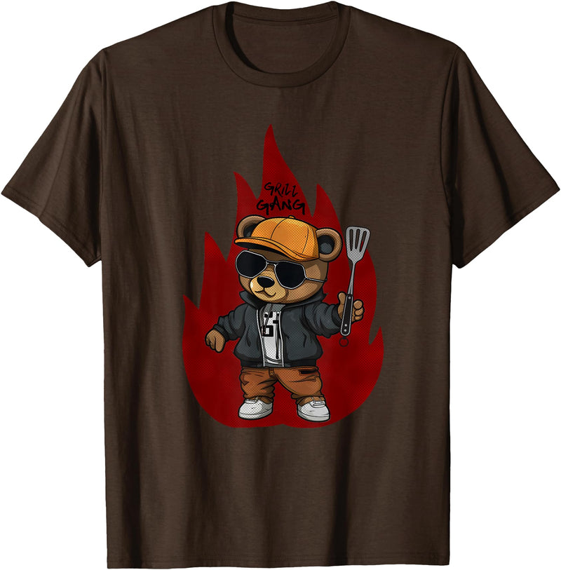 Pitmaster Hip Hop Teddy Bear Barbecue Grill Design Grill Gang Teddy Bear Grilling BBQ Hip Hop Streetwear Men's T-Shirt - Brown