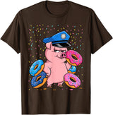 Pig Lover Gift Co. | Unisex Pig Cop Police Officer Doughnut T-Shirt - Black, Small, Short Sleeve - Brown