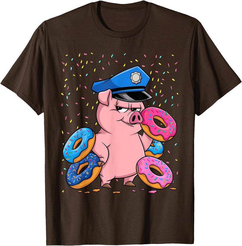 Pig Lover Gift Co. | Unisex Pig Cop Police Officer Doughnut T-Shirt - Black, Small, Short Sleeve - Brown