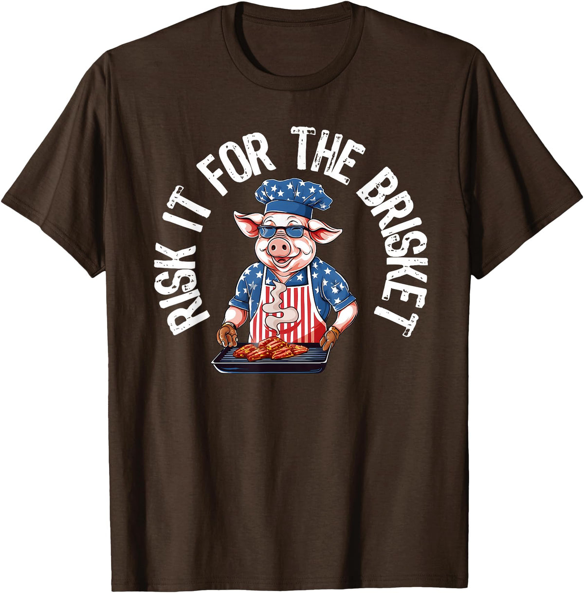 Funny Grill Pig Barbeque Pitmaster Designs for Men Risk It For The Brisket Funny Pig Grilling Barbecue Pork BBQ T-Shirt - Brown