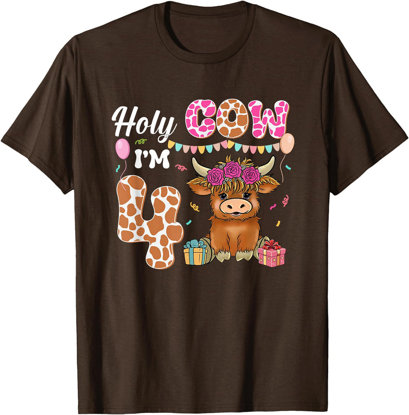 Holy Cow I'm 4 Highland Cow 4th Birthday Holy Cow I'm 4 Highland Cow Farming 4th Birthday 4 Years Old T-Shirt - Brown