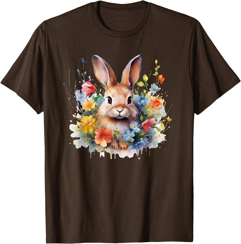 Bunny Rabbit Face Floral Watercolor Painting Love Bunnies T-Shirt in Brown