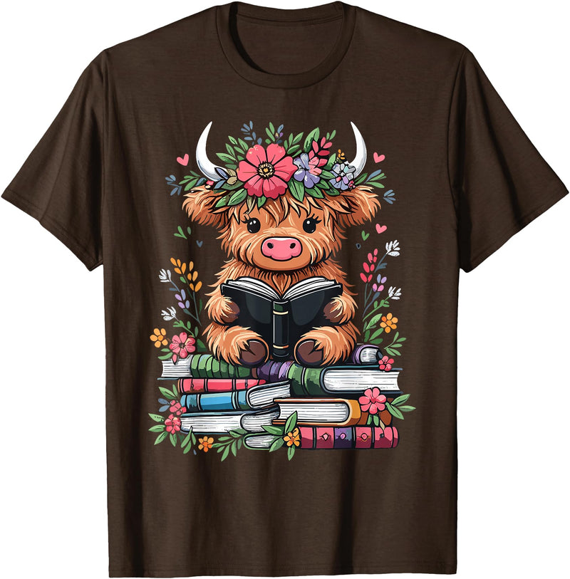 Funny Highland Cow Reading Books Lover Bookworm Cute Baby Highland Cow Reading Book T-Shirt - Brown