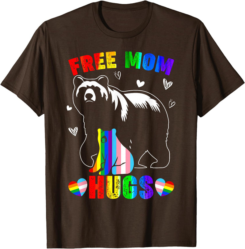 Amb Proud Mom Mommy Mama LGBTQ Mothers Day Women Free Mom Hugs Mama Bear LGBTQ Pride Rainbow Flag Mothers Day T-Shirt - Brown