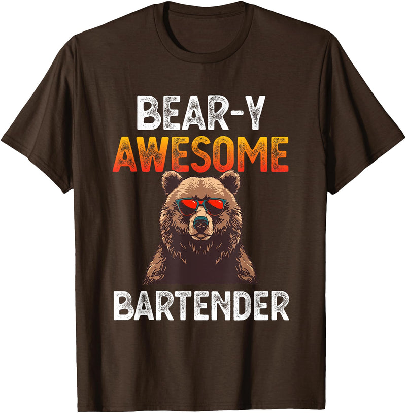Beary Awesome Bartender Funny Mixologist Vintage Bear-y Awesome Bartender Pun Joke Barman Funny Barkeeper Men T-Shirt - Brown