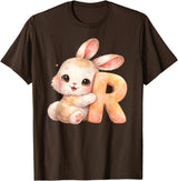 Letter R Rabbit Watercolor Cute Baby Animal Alphabet Initial T-Shirt in Brown