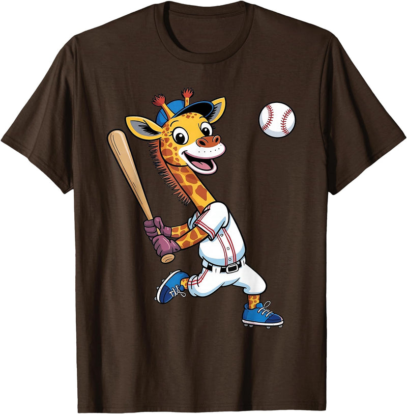 Giraffe Baseball Lover Giraffe Playing Baseball Boys Girls Kids Giraffe Animal T-Shirt - Brown