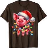 Christmas Pig Lover Christmas Light Pig Lover T-Shirt - Brown