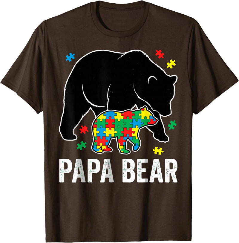 Autism Awareness Neurodiversity Support Apparel Papa Bear Autism Awareness Puzzle Neurodiversity Support T-Shirt - Brown