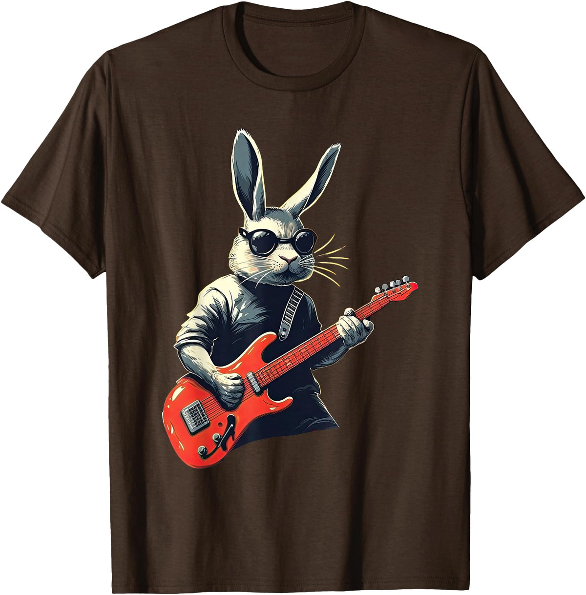 Rabbit Bunny Wearing Sunglasses Playing Guitar Musician T-Shirt in Brown