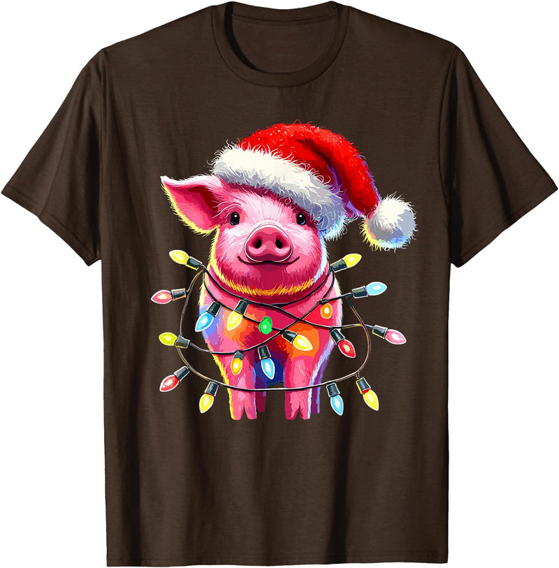 Christmas Pig Lover Pig Christmas Light Pig Lover T-Shirt - Brown
