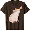Watercolor Pink Pig With Floral And Butterfly Farm Design T-Shirt - Brown